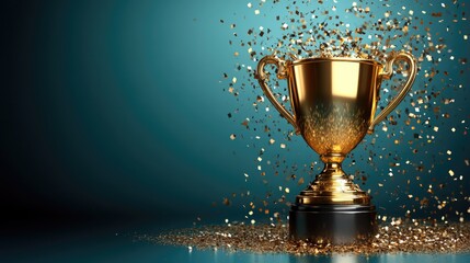Golden trophy with sparkling confetti on blue background