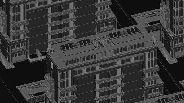 Animation of a Generic Apartment Building with solar panels on top, Seamless Looped Animation, black