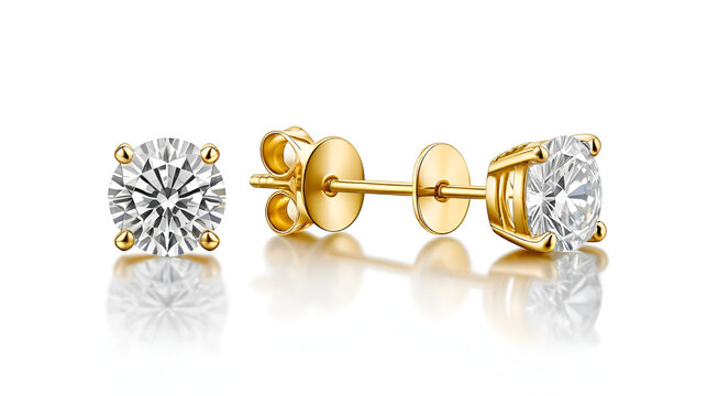 Yellow gold diamond stud earrings. front and side view of solitaire diamond earrings isolated on a white background. Shadowed. Illustration