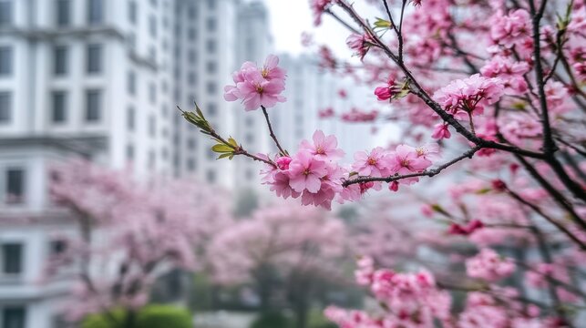 Beautiful cherry blossom tree branch with blooming flower in city with skyscraper.