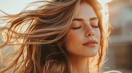 Naklejka premium Golden Hour Serenity with A Woman's Hair Flowing in the Sunset's Embrace