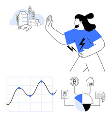 Woman avoiding energy hazards stands near food, energy, finance symbols, graphs, and cryptocurrency. Ideal for sustainability, finance literacy, renewable energy, decision-making eco-awareness