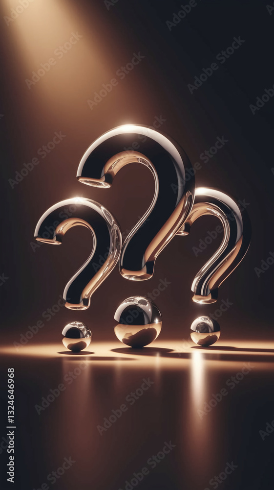 Aufkleber three metallic question marks and spheres on a brown background, illuminated by a spotlight, showcas