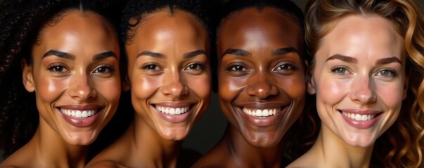 Close-up diverse faces, radiant smiles, diverse skin tones, interracial, healthy