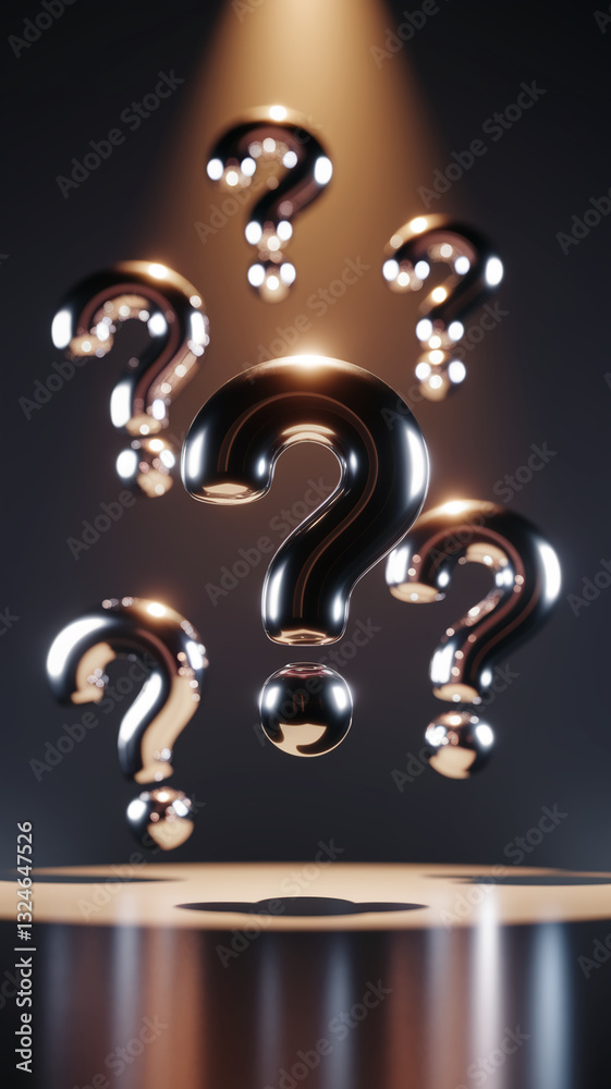 Poster Metallic question marks float above a dark surface, illuminated by a warm light, symbolizing inquiry, uncertainty, or the search for answers.  Showcase ideal for mystery or problem-solving concepts.