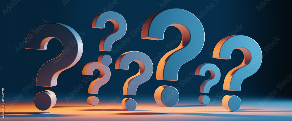 Poster Several 3D question marks float against a dark blue background, creating an inquisitive and enigmatic visual, suitable for concepts related to questioning, uncertainty, or problem-solving.