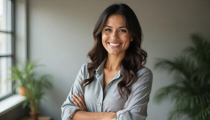 Smiling Latina businesswoman in office. Confident female pro in 30s 40s standing with crossed arms. Strong, experienced, successful entrepreneur. Leadership, empowerment, career themes. Modern,