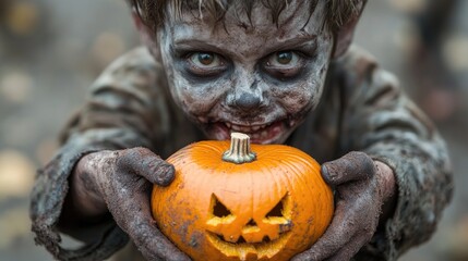 Child with halloween makeup holding a carved pumpkin outdoors. Halloween, All Hallows Eve, Samhain - Spooky Holiday Season, Fall Festival Celebration