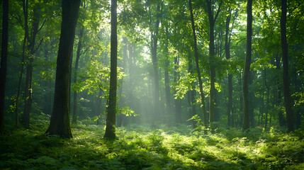 Obraz premium Lush Green Forest Landscape With Sunlight Shining Through Trees Creates Serene Woodland Atmosphere