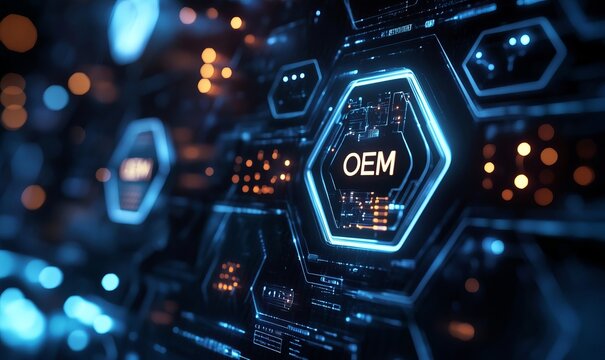 a futuristic digital interface with the word OEM.