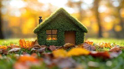 Eco-friendly miniature house covered in moss surrounded by autumn leaves in sunlit forest