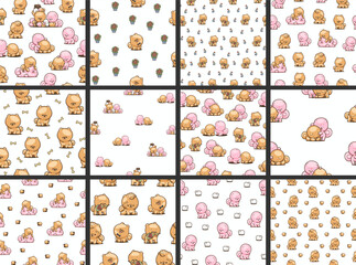 Cute kawaii pomeranian dog. Seamless pattern. Cartoon character. Vector drawing. Collection of design ornaments.