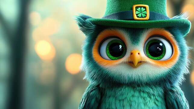 Cute cartoon owl in green leprechaun hat with shamrock in enchanting forest. Saint Patrick's Day, St Paddy's Day, St Patty's Day - Irish National Holiday and Cultural Celebration