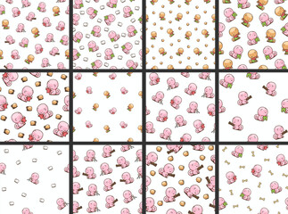 Cute kawaii pomeranian dog. Seamless pattern. Cartoon character. Vector drawing. Collection of design ornaments.