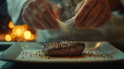 Chef seasoning a perfectly cooked steak. (2)