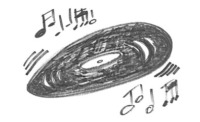Doodle music, hand draw black marker, isolated on white