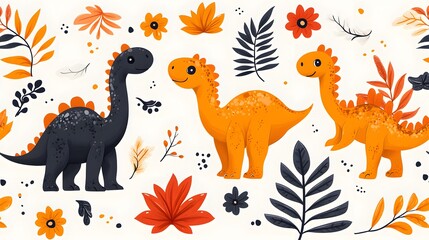 three friendly dinosaurs are among beautiful leaves and flowers. The image gives off a sense of fun and a happy feel