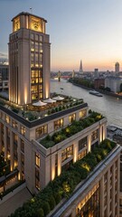 Obraz premium London Riverside Building: Classical Architecture, Thames River View, Rooftop Gardens, Evening Twilight, Urban Sophistication with London Skyline.