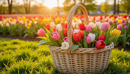 Obraz premium Basket of vibrant tulips on green grass at sunset, spring romance