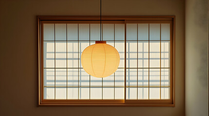 Warm Lit Japanese Lantern Hanging Before Sliding Window with Wooden Frame and Paper Panels