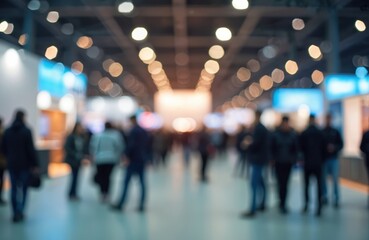 Blurry defocused people walk trade show exhibition center international event. Bokeh light, hall interior, modern design. Crowd business people, commerce seller, seminar negotiation. Organizer