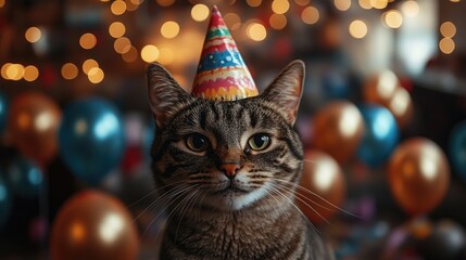 Tabby cat wearing party hat in festive celebration with colorful balloons and lights