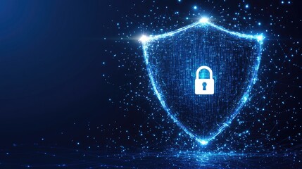 Digital shield with lock symbol representing cybersecurity and data protection