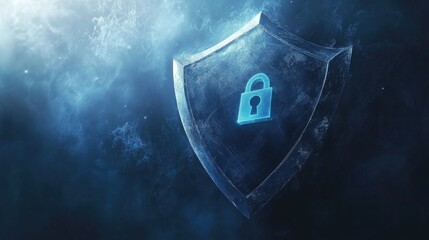 Futuristic digital shield with padlock symbol on blue background
