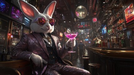 Stylish anthropomorphic rabbit in glittery suit and sunglasses enjoying a cocktail in a lively bar. Easter, Pascha, Paskha, Ostern, Pascua, Paques - Orthodox and Catholic Holiday celebration