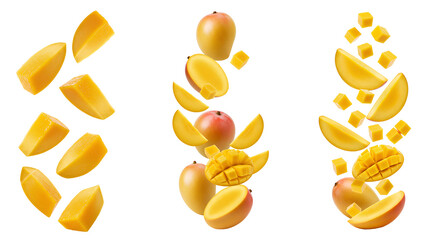 Mango set PNG. Tropical mango slices falling down PNG. Fresh, juicy mango pieces isolated on transparent background. Floating mango pieces PNG. Dynamic falling mango slices isolated