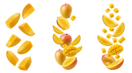 Mango set PNG. Tropical mango slices falling down PNG. Fresh, juicy mango pieces isolated on transparent background. Floating mango pieces PNG. Dynamic falling mango slices isolated