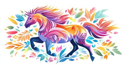 Colorful abstract horse with vibrant floral patterns on white background. 2026 year red fiery horse according calendar