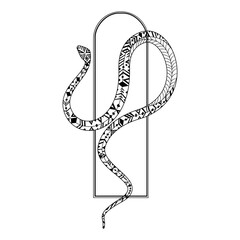 Mystical serpent silhouette entwined in celestial patterns and artistic doodles