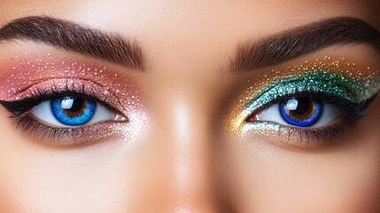 Fototapeta premium Caucasian woman with vibrant eye makeup: glittery pink, green, gold eyeshadow and blue contact lenses