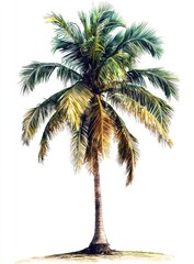 Obraz premium Lush Tropical Palm Tree with Vibrant Green Leaves and Golden Highlights Set Against a White Background for Artistic and Nature Inspired Designs