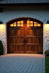 Curved, wood-paneled garage door with integrated lighting, contemporary, lighting