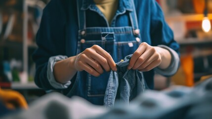 Close-up of a person working on a denim garment in a workshop