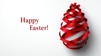 Red ribbon wrapped easter egg with greeting on plain white background. Easter, Pascha, Paskha, Ostern, Pascua, Paques - Orthodox and Catholic Holiday celebration