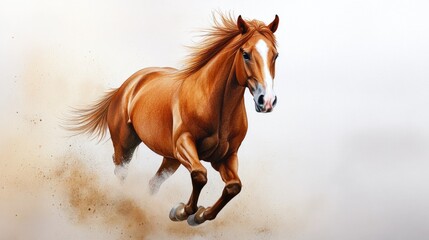 Obraz premium Powerful chestnut horse galloping with dust trails on white background. 2026 year red fiery horse according calendar