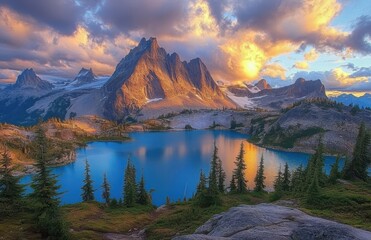 Majestic Mountain Landscape with Reflections in Crystal Clear Lake Surrounded by Pine Trees under Dramatic Sunset Sky, North Cascades National Park
