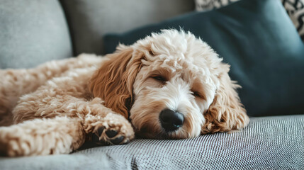 Relaxed golden doodle rests peacefully on textured couch, fostering calm and cozy mood