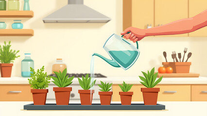A bright kitchen scene with a person watering potted herbs. The modern design features wooden cabinets and a clean countertop, creating a lively atmosphere.