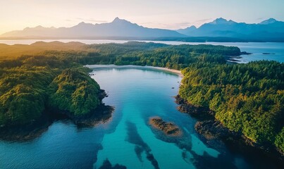 aerial view of a scenic landscape with ocean and mountains.