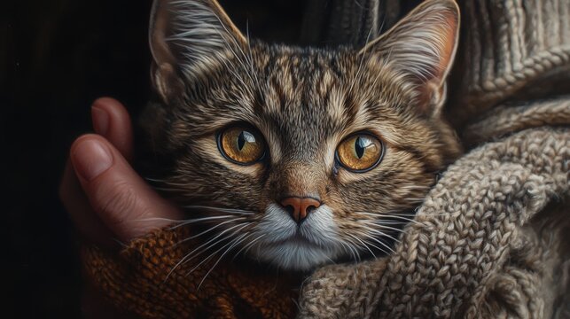 A beautiful cat and its owner in natural light with hyperrealistic clean lines and ar169 aspect ratio