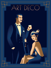 Couple at a party in the style of the early 20th century. Retro party invitation card. Handmade drawing vector illustration. Art Deco style.