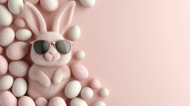 Playful pink bunny dons sunglasses while relaxing among festive Easter eggs, perfect for creating cheerful seasonal banners