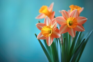 Peach and yellow daffodils bloom brightly against a teal background