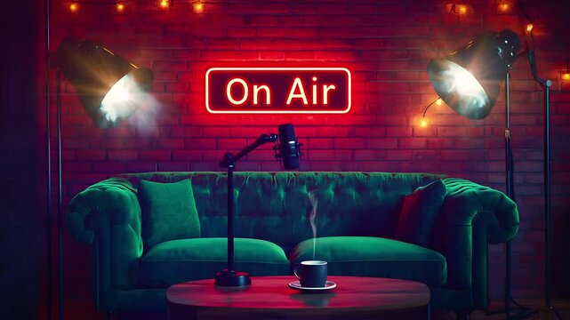 Podcast studio setup with green velvet couch, microphone, neon "On Air" sign, and lamps, Seamless looping time lapse animation video background, lo-fi art.
