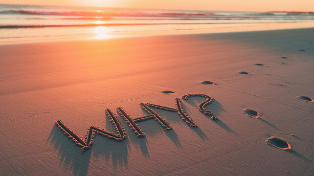 Sunset beach scene with "WHY?" written in sand, footprints nearby, symbolizing contemplation, life's questions, and seeking answers