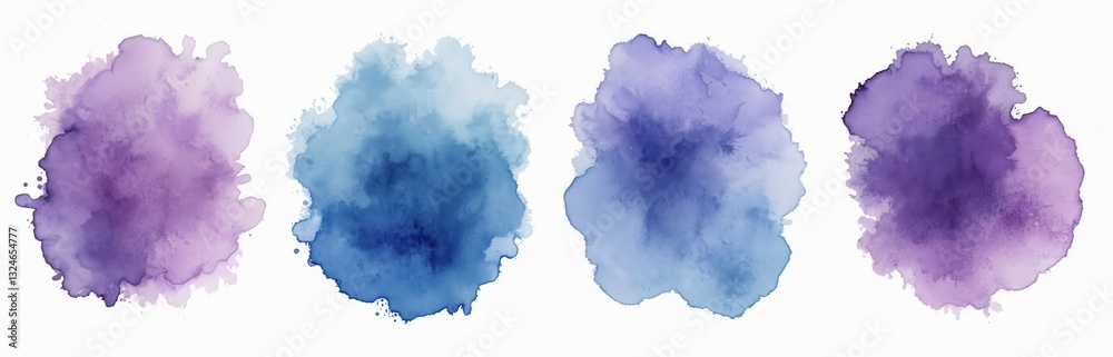 Poster watercolor brush set includes four colorful stains, blobs. blue, purple paint splashes on paper. art
